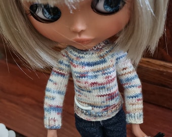 Hand knit heathered sweater for Blythe dolls/ blue maroon tan cream/ doll jumper or cardigan