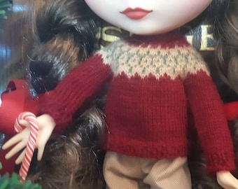 Hand knit intarsia sweater for Blythe dolls/ choice of two fawn or red / Icelandic fair isle sweater / wool and baby alpaca yarn