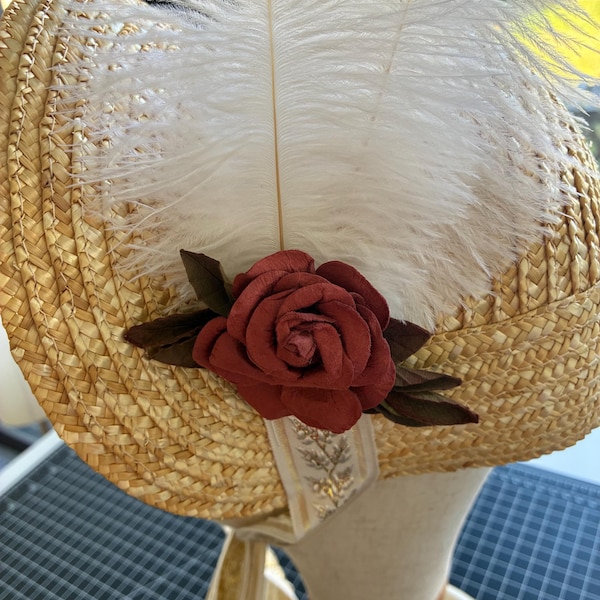 Reproduction Regency era petite straw bonnet simple gold and burgundy theme costume hat Jane Austen