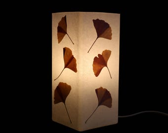 May include: A rectangular table lamp with a translucent off-white shade featuring six pressed brown ginkgo leaves arranged in two vertical columns. The lamp emits a soft warm glow from within, highlighting the natural veins of the leaves.