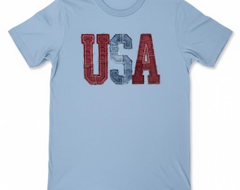 Light Blue FAUX PATCHWORK printed Ladies USA Tee