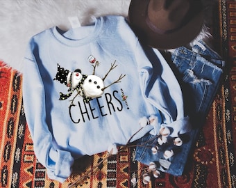 Snowman Cheers Blue Sweatshirt, Wine