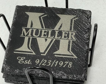 Personalized Slate Coaster Set of 8, Engraved Drink Coasters, with Holder