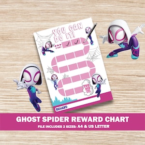 Puede incluir: Un gráfico de recompensas de Ghost Spider rosa y blanco con el texto "YOU CAN DO IT!" y "YOU DID IT!". El gráfico incluye un camino con casillas de verificación e ilustraciones de Ghost Spider. También hay dos figuras de Ghost Spider.