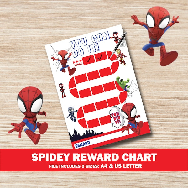 Tableau de récompenses, tableau d'autocollants, apprentissage de la propreté pour les enfants, tableau de comportement, objectifs, téléchargement immédiat de Spidey et ses amis incroyables