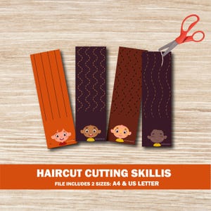 May include: Educational activity set with four illustrated hair strips and red scissors. The set is designed to practice haircutting skills. The hair strips have different styles. The text "HAIRCUT CUTTING SKILLIS" is displayed on an orange banner.