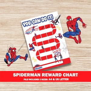 Peut inclure: Un tableau de récompenses Spiderman avec un design rouge et blanc. Le tableau présente un chemin avec des cases à cocher et des illustrations de Spiderman. Le texte comprend "YOU CAN DO IT!" et "YOU DID IT!" Le tableau est sur une surface en bois.