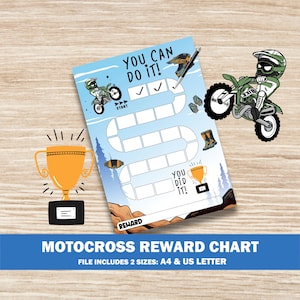 Puede incluir: Gráfico de recompensa de motocross con un fondo de cielo azul, con un piloto de motocross de dibujos animados y un trofeo dorado. El gráfico incluye el texto "YOU CAN DO IT!" y "YOU DID IT!" con casillas de verificación y una sección de recompensa.