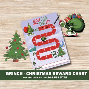 Puede incluir: Un gráfico de recompensas de Navidad con temática de Grinch imprimible con un personaje de Grinch verde que lleva una bolsa de regalos. El gráfico presenta un tablero de juego rojo y blanco con el texto "You Can Do It!" y "You Did It!" El gráfico está diseñado para que los niños puedan hacer un seguimiento de su buen comportamiento y ganar recompensas.
