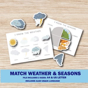 Op de afbeelding: Educatief spel om weer en seizoenen te matchen. De afbeelding toont kaarten met weerillustraties zoals zonnig, regenachtig en sneeuw, samen met seizoensgebonden afbeeldingen. De tekst luidt "I Know The Weather" en "Match Weather & Seasons."