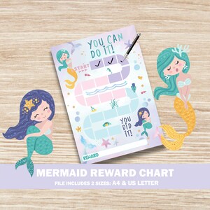 Puede incluir: Un gráfico de recompensas de sirena imprimible con un esquema de color azul, rosa y morado. El gráfico presenta una sirena con cabello largo verde y una cola amarilla. El texto en el gráfico dice "You Can Do It!" y "You Did It!"