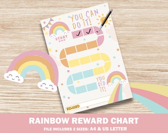 Tabella delle ricompense arcobaleno, Tabella degli adesivi, Allenamento al vasino per bambini, Tabella del comportamento, Obiettivi Download immediato per bambini in età prescolare Arcobaleno Sole