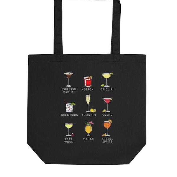 Classic Cocktail Tote Bag - Eco Organic Shoulder Bag for Bartender. Alcohol Happy Hour Gift for Drinker. Cocktail Art with Negroni, Martini.