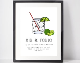 Stampa artistica di cocktail Gin Tonic con ricetta classica. Stampe di drink per la cucina o poster da bar. Idee regalo minimaliste per cocktail.