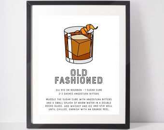 Old Fashioned Cocktail Print Art Poster With Classic Cocktail Recipe. Drinks Print for Kitchen Art Bar Poster. Minimalist Gift Ideas.