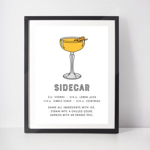 Sidecar Cocktail Print Kunst Poster mit klassischen Cocktail Rezept. Getränke Druck für Küche Kunst oder Bar Poster. Minimalistische Cocktail-Geschenk-Ideen.