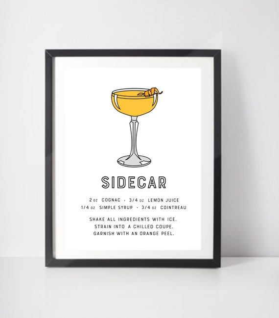 Sidecar Cocktail Print Art Poster With Classic Cocktail Recipe
