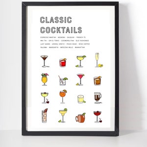 Klassische Cocktails Druck, Cocktails Poster, Cocktails Kunst, Cocktail-Geschenke, Cocktail-Rezept-Druck, Cocktail-Guide, Cocktail-Menü, Küchenkunst *