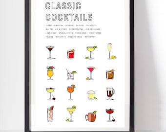Classic Cocktails Print, Cocktails Poster, Cocktails Art, Cocktail Gifts, Cocktail Recipe Print, Cocktail Guide, Cocktail Menu, Kitchen Art*
