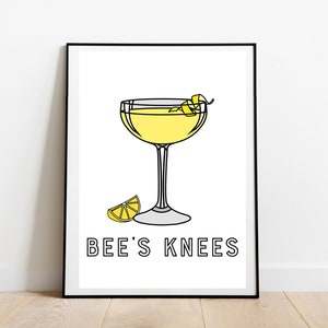 Bee's Knees カクテル プリント アート ポスター。カクテル付きバーテンダー ポスター。ドリンク キッチン ポスターまたはバー アート。ミニマリスト カクテル ギフト アイデア