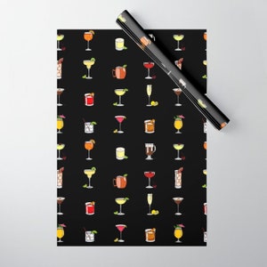 May include: Black wrapping paper with a repeating pattern of colorful cocktail drinks. The drinks are illustrated in a cartoon style.