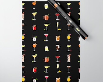 Classic Cocktails Wrapping Paper Sheets Set of 5 - Alcohol Drinking Booze Adult Gift Wrap - 21st Birthday with Whiskey, Gin and Rum for Men.