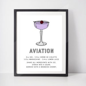 Luftfahrt Cocktail Poster Kunstdruck mit klassischen Cocktail-Rezept. Getränke Druck für Küche Kunst oder Bar Poster. Minimalistische Bartender Geschenk.