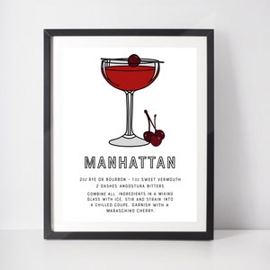 Cartel de arte de impresión de cóctel de Manhattan con receta de cóctel clásico. Bebidas impresión para arte de cocina o cartel de bar. Ideas de Regalo de Cóctel Minimalista