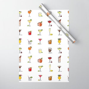 May include: White wrapping paper with a repeating pattern of colorful cocktail illustrations. The cocktails include margaritas, martinis, daiquiris, and other mixed drinks.