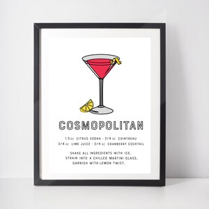 Cosmopolitan Cocktail Print Art Poster With Classic Cosmo Cocktail Recipe. Drinks Print for Kitchen Art or Bar Poster. Gift Ideas for Her.