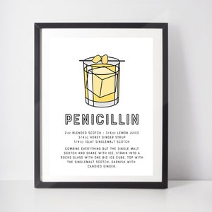 Penicillin Cocktail Poster Kunstdruck mit klassischen Cocktail-Rezept. Alkohol Getränke Druck für Küche Kunst oder Bar. Minimalistische Bartender Geschenk.