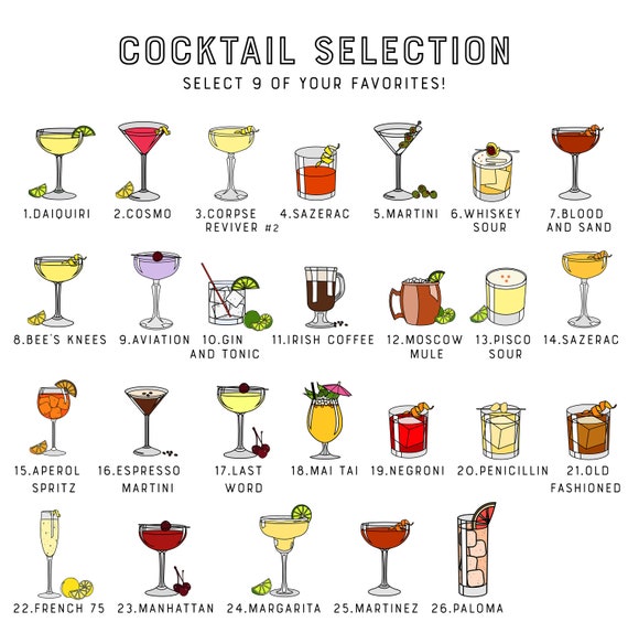 ESSENTIAL COCKTAILS POSTER 25 Mixed Alcoholic Drinks POSTER For Bartenders Bars