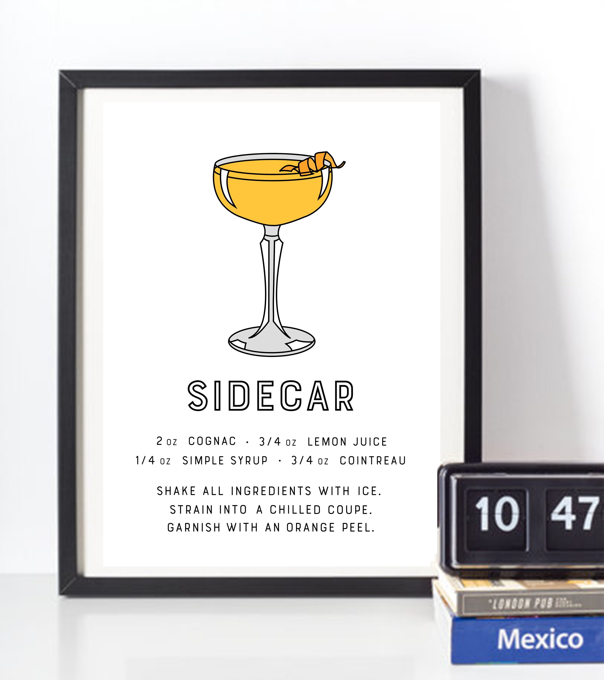 Sidecar Cocktail Print Art Poster With Classic Cocktail Recipe