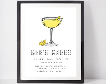 Bee's Knees Cocktail Print Art Poster With Classic Cocktail Recipe. Drinks for Kitchen Poster or Bar Art. Minimalist Cocktail Gift Ideas