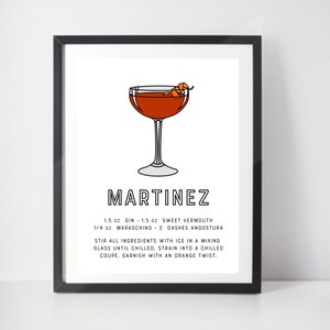 Martínez cóctel cartel arte impresión con receta de cóctel clásico. Bebidas impresión para arte de cocina o cartel de bar. Regalo de Bartender minimalista.