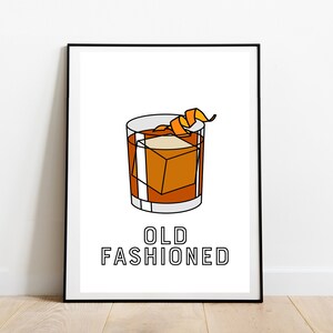 Old Fashioned Cocktail Print Art Poster. Bartender Poster with Cocktails. Drinks Kitchen Poster or Bar Art. Minimalist Cocktail Gift Ideas