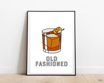 Old Fashioned Cocktail Print Art Poster. Bartender Poster with Cocktails. Drinks Kitchen Poster or Bar Art. Minimalist Cocktail Gift Ideas