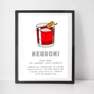 Negroni Cocktail Print Kunst Poster mit klassischen Cocktail-Rezept. Getränke Druck für Küche Kunst oder Bar Poster. Minimalistische Cocktail-Geschenk-Ideen*