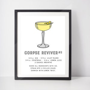Corpse Reviver Cocktail Poster Art Print Avec Recette cocktail classique. Drinks Print for Kitchen Art or Bar Poster. Cadeau cocktail minimaliste.