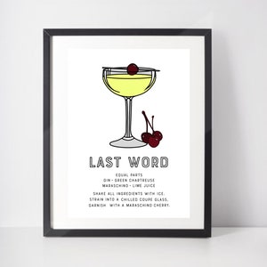 Last Word Cocktail Print Art Poster With Classic Cocktail Recipe. Drinks Print for Kitchen Art or Bar Poster. Minimalist Cocktail Gift Ideas