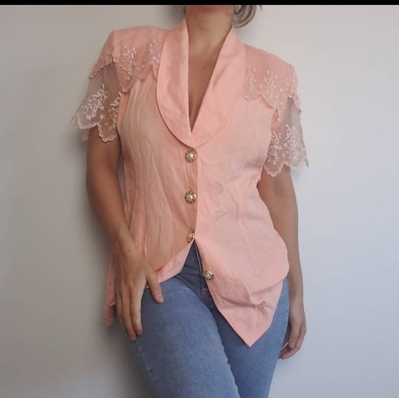 Vintage Melon Embroidered Lace Button Up Blouse