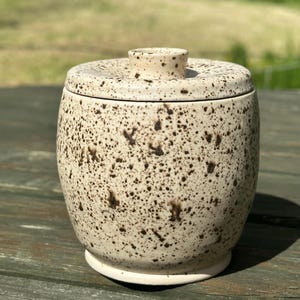 May include: A ceramic jar with a lid, featuring a speckled design. The jar is cream-coloured with brown speckles, a rounded body, and a small base. The lid has a small knob. The jar is suitable for storing various items.