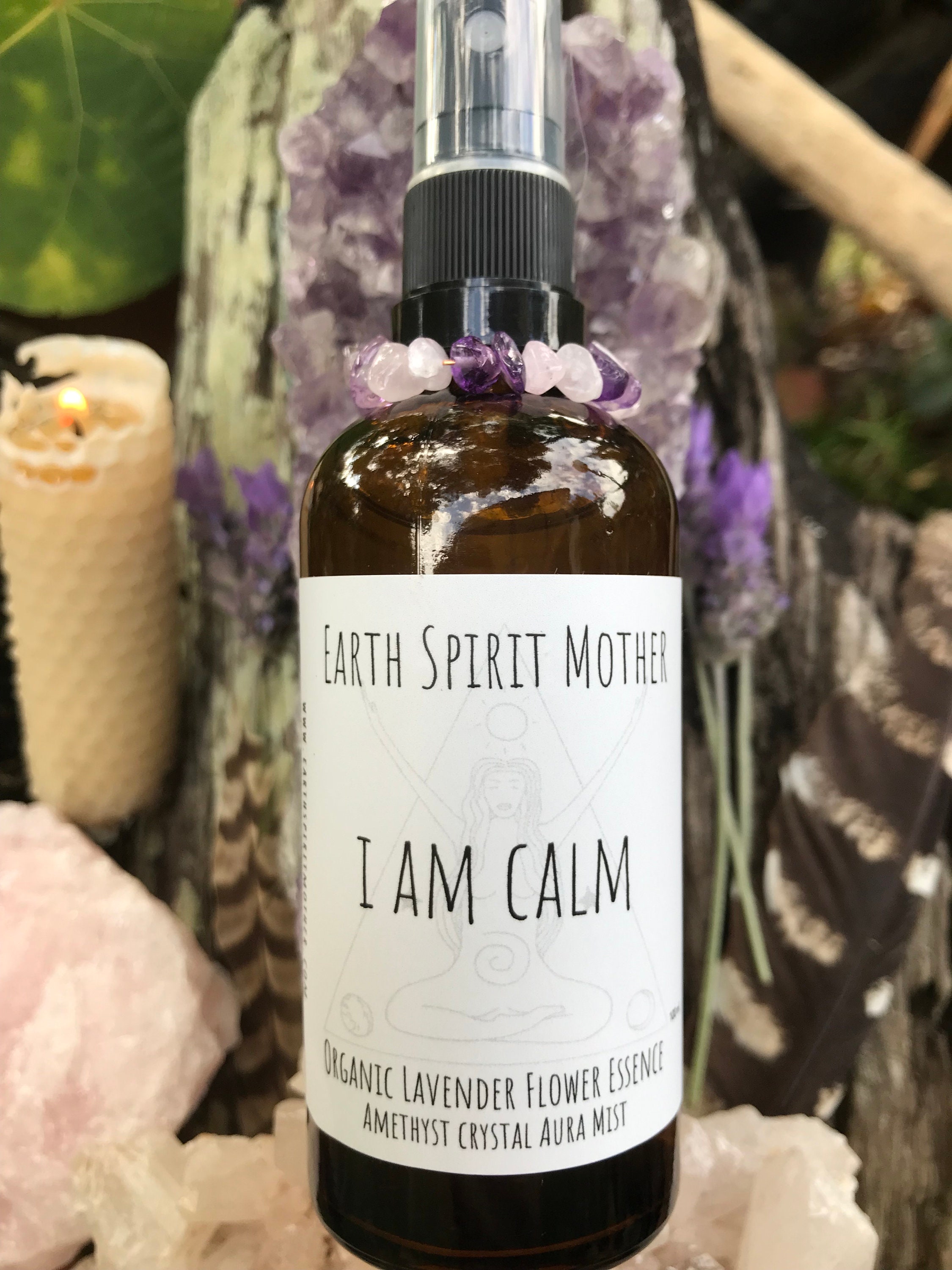 I Am Calm Organic Lavender Flower Essence Amethyst Crystal Aura Mist Calm  Yourself Create Inner Peace & Harmony 