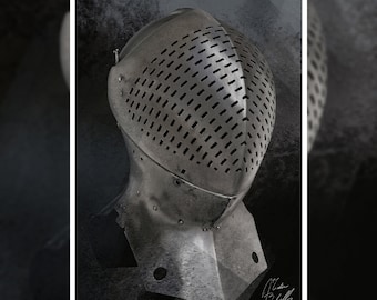 May include: A close-up of a silver helmet with a face mask featuring a grid pattern of small holes. The helmet has a neck guard and is set against a dark, textured background.