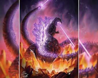 Op de afbeelding: Een paars en zwart Godzilla-monster met gloeiende paarse energie die uit zijn rug straalt, staat op een stapel oranje en gele kristallen. Het monster schiet een paarse straal uit zijn bek.