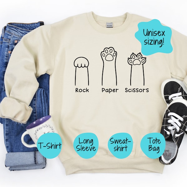 Rock, Paper, Scissors Cat Shirt, Funny Cat Lover Sweater, Gift For Cat Mom Mama Tee, Unisex T-shirt, Sweatshirt,  Tote Bag, Long Sleeve