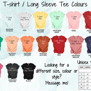 以下が含まれることがあります： 長袖と半袖のオプションを含む、さまざまなTシャツの色とスタイルを示すチャート。チャートには、S、M、L、XL、2XLのサイズチャートも含まれており、インチで測定されています。