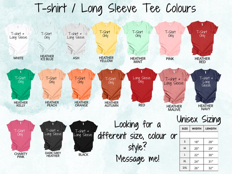 以下が含まれることがあります： 長袖と半袖のオプションを含む、さまざまなTシャツの色とスタイルを示すチャート。チャートには、S、M、L、XL、2XLのサイズチャートも含まれており、インチで測定されています。