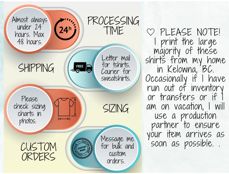 May include: A graphic with information about processing time, shipping, sizing, and custom orders for t-shirts and sweatshirts. The graphic includes a 24-hour processing time, free shipping, and a message to contact the seller for bulk and custom orders.