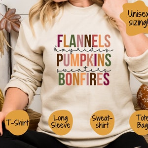 Flanelle d'automne, citrouilles, chemise Bonfires, sweat-shirt d'automne, t-shirt, col rond citrouille, t-shirt de la rentrée, manches longues pour Thanksgiving, sac fourre-tout